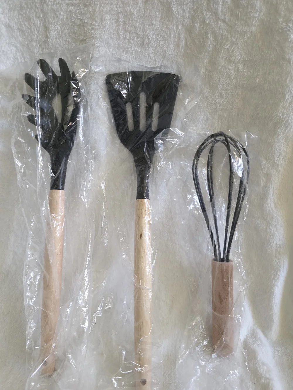 Wood Handle Black Kitchen Utensil Set - 3 Piece With Spoon/utensil Silicone Rest